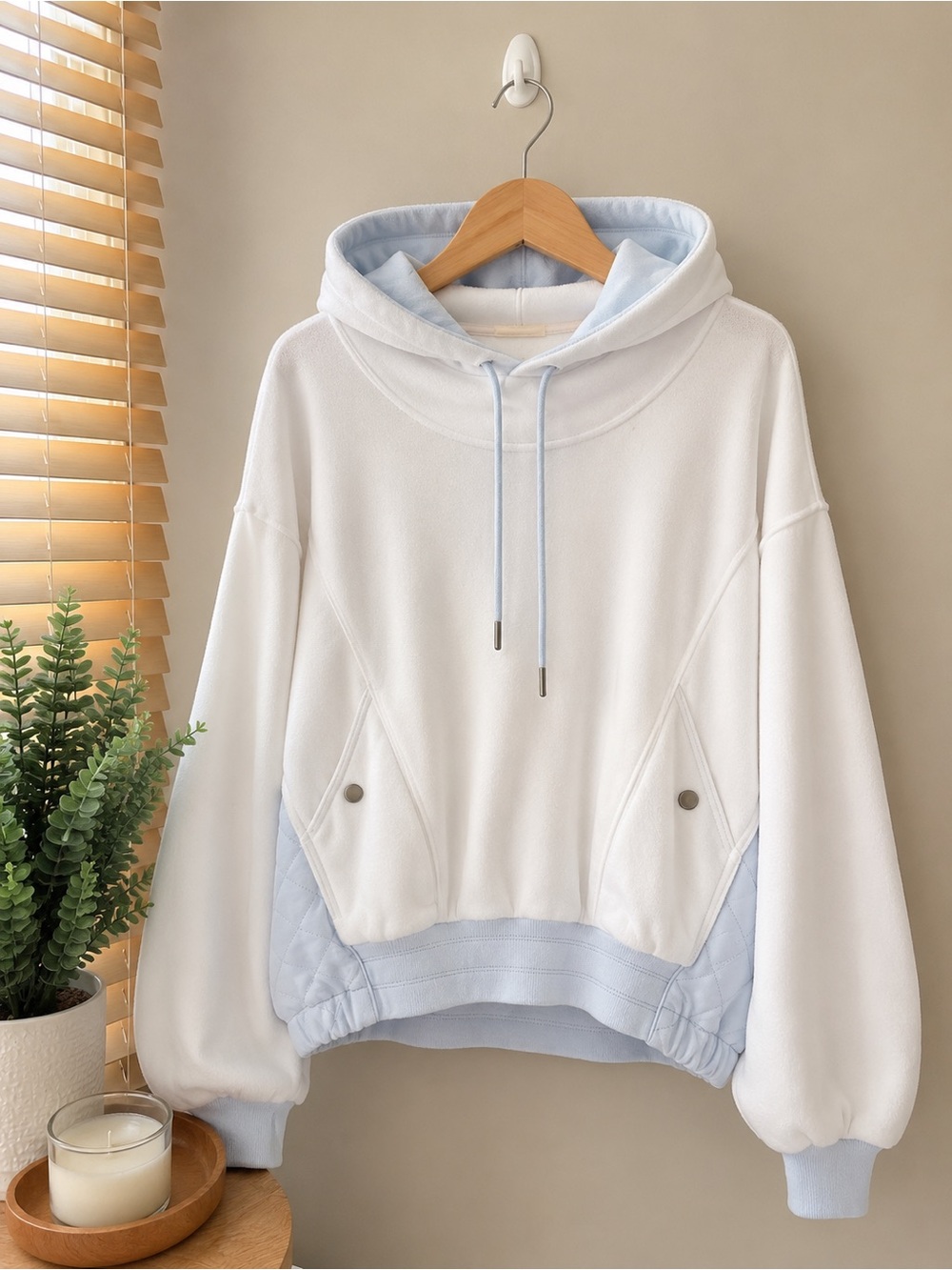Free People White Hoodie with Light Blue Accents